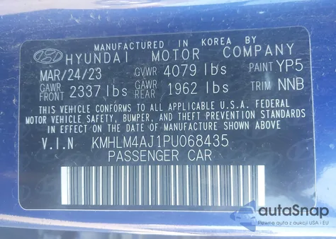2023 Hyundai Elantra Hybrid Blue from USA, damaged, VIN KMHLM4AJ1PU068435